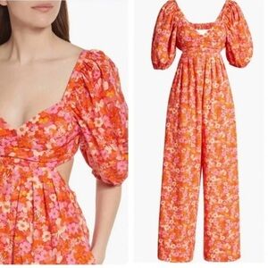 Free People 100% Cotton Bright Pink Puff Sleeve Wide Leg Jumpsuit Size Small